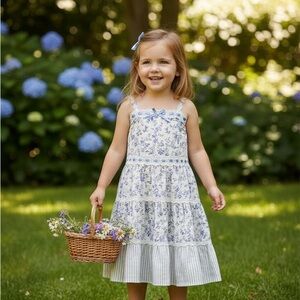 Charabia, Paris Dainty Blue and White Floral Girls Easter Dress w/Lace NWT sz 5